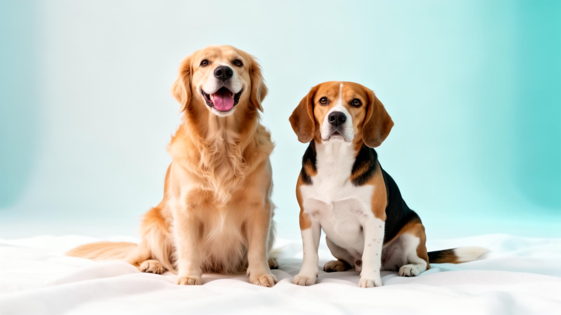 A happy Golden Retriever and Beagle sitting together